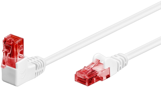 Goobay Patchkabel CAT 6, 1x 90° vinklad, U/UTP, vit kopparklädd aluminiumledare (CCA), snäpplås på toppen, 2 m
