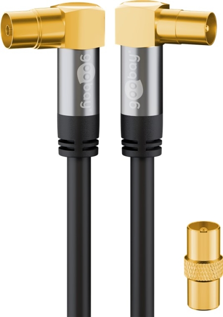 Goobay TV-antennkabel (135 dB), 4x skärmad guldpläterad, koaxial-uttag 90° > koaxial-plugg 90°, 5 m