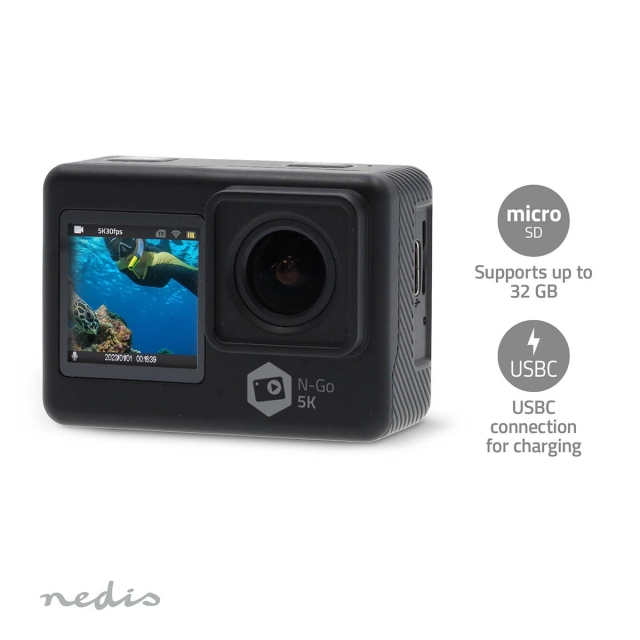 Nedis Action Kamera | Dubbel Skärm | 5K@30fps | 16 MPixel | Vattentät upp till: 30.0 m | 80 min | Wi-Fi | App tillgänglig för: Android™ / IOS | Fästen ingår | Svart
