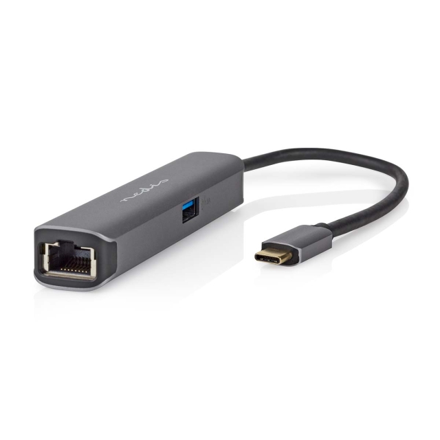 Nedis USB Multi-Port Adapter | 4-i-1 | USB 3.2 Gen 1 | USB-C™ Hane | HDMI™ Utgång / RJ45 Hona / USB-A Hona / USB-C™ Hona | 5 Gbps | 0.20 m | Rund | Guldplaterad | PVC | Antracit | Låda