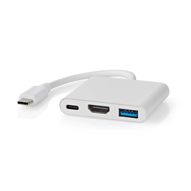 Nedis USB Multi-Port Adapter | 3-i-1 | USB 3.2 Gen 1 | USB-C™ Hane | HDMI™ Utgång / USB-A Hona / USB-C™ Hona | 5 Gbps | 0.10 m | Rund | Nickelplaterad | PVC | Vit | Låda