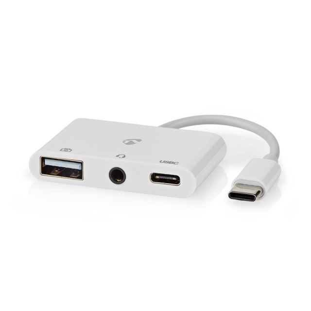Nedis USB Multi-Port Adapter | 3-i-1 | USB 2.0 | USB-C™ Hane | USB-A Hona / USB-C™ Hona / 3.5 mm Hona | 480 Mbps | 0.10 m | Rund | Nickelplaterad | PVC | Vit | Låda