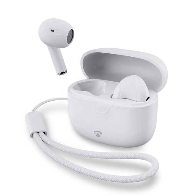 Nedis Fullt Trådlösa hörlurar | Bluetooth® | Maximal batteritid: 16 timmar | Tryck på Kontroll | Batteri hölje | Trådlöst laddningsfodral | Inbygd mikrofon | Stöd för röststyrning | Vit