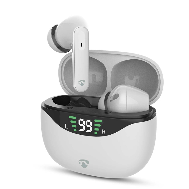 Nedis Fullt Trådlösa hörlurar | ANC (Active Noise Cancelling) | Bluetooth® | Maximal batteritid: 30 timmar | Tryck på Kontroll | Batteri hölje | Trådlöst laddningsfodral | Inbygd mikrofon | Stöd för röststyrning | Vit