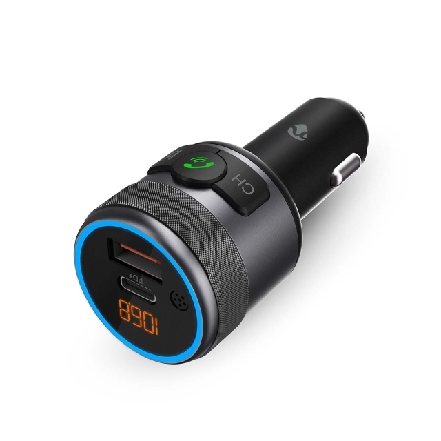 Nedis Bil FM-sändare | Fast | Högtalartelefon | 1 " | Bärnstens skärm | Bluetooth® | PD 18 W / PD 24 W | Snabbladdning | Bas boost | Google Assistant / Siri | Svart