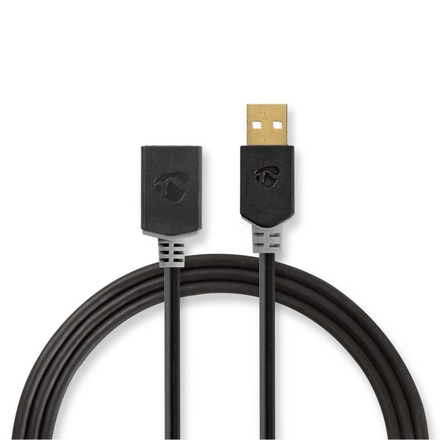 Nedis USB-kabel | USB 2.0 | USB-A Hane | USB-A Hona | 480 Mbps | Guldplaterad | 3.00 m | Rund | PVC | Antracit | Låda