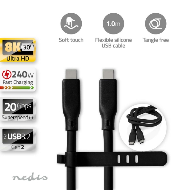 Nedis USB-kabel | USB 3.2 Gen 2 | USB-C™ Hane | USB-C™ Hane | 240 W | 8K@30Hz | 20 Gbps | Nickelplaterad | 1.00 m | Rund | Silikon | Svart | Låda