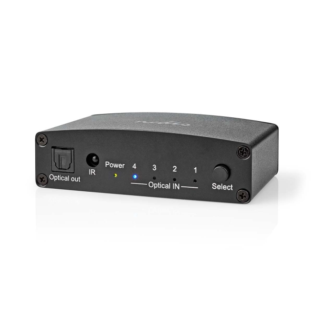 Nedis Digital Audio Switch | 4-vägs | Ingång för audio/video/dataanslutningar: DC Power / 4x TosLink | Audio / video / dataanslutningar utgång: TosLink Female | Fjärrkontroll / Instruktionsbok / Knapp | Metall | Svart