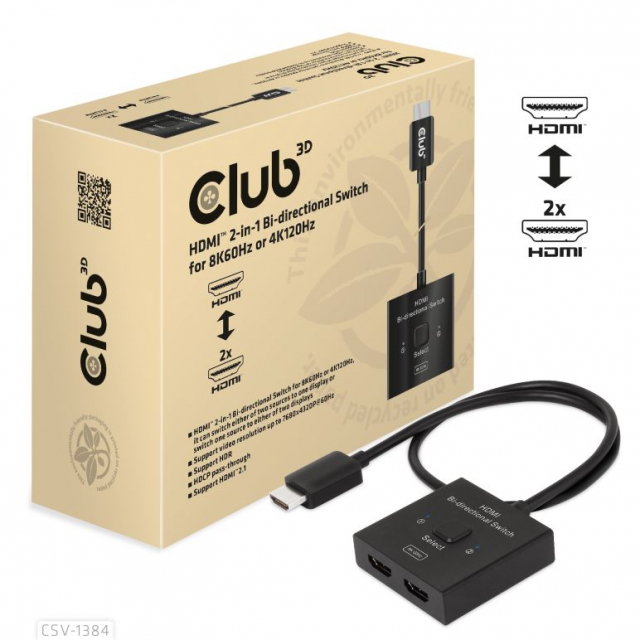 Club 3D HDMI 2-i-1 dubbelriktad switch för 8K60Hz eller 4K120Hz