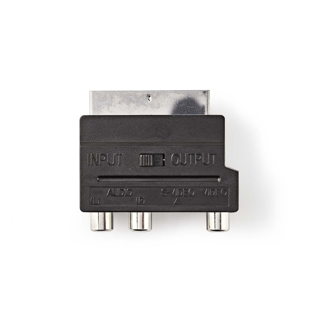 Nedis SCART-adapter | SCART Hane | S-Video Female / 3x RCA Hona | Nickelplaterad | Omkopplingsbar | ABS | Svart | 1 st. | Kuvert