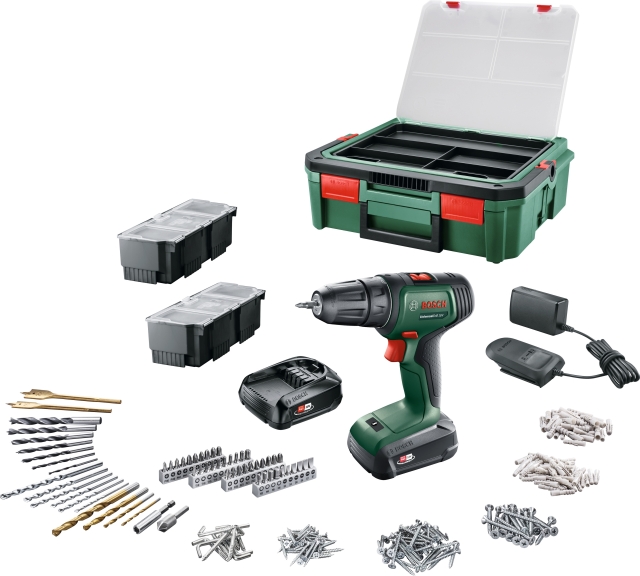 Bosch UniversalDrill 18V + SystemBox 241 sladdlös borrmaskin + tillbehörssats