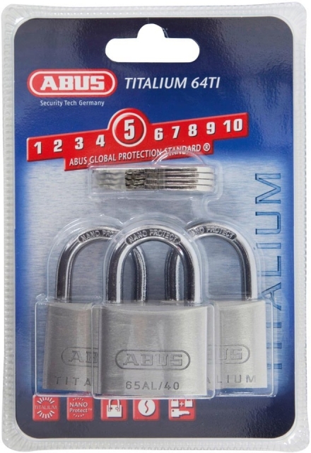 ABUS hänglås 64TI/40, Titalium, 23 mm, trippelförpackning