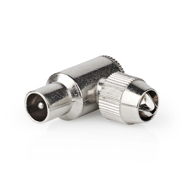 Nedis IEC (coax) | Vinklat 90° | Hane | Nickelplaterad | 75 Ohm | Skruva | Kabel input diameter: 7.0 mm | Metall | Silver | 2 st. | Låda