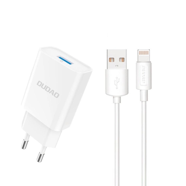 Dudao A4EU USB-A 2,1A nätladdare - vit + USB-A - Lightning-kabel
