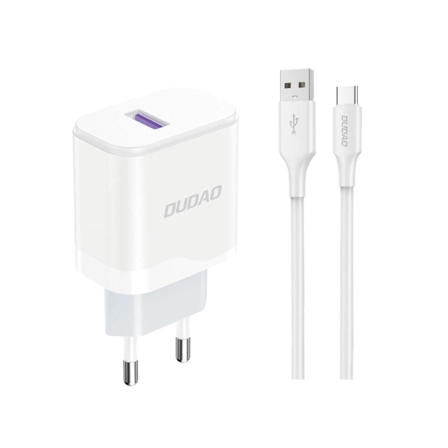 Dudao A20EU USB-A 18W nätladdare - vit + USB-A - USB-C-kabel