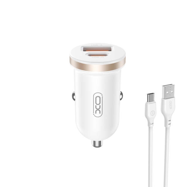 XO billaddare CC56 PD 30W QC 1x USB 1x USB-C vit + USB - USB-C kabel