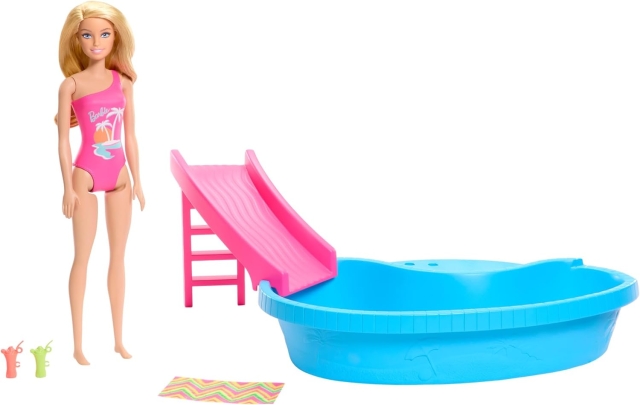 Barbie Docka och pool lekset, blond med pool, rutschkana, handduk och dryckestillbehör (HRJ74)