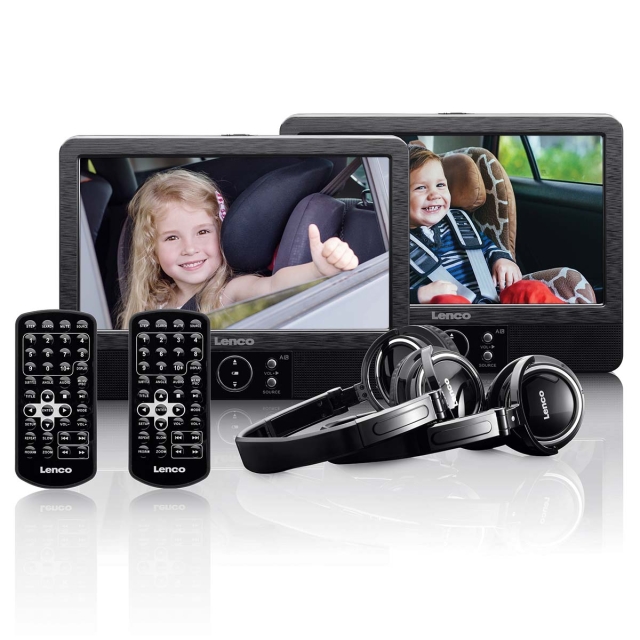 Lenco 2x 9" bärbar DVD-spelare med USB SD inbyggt batteri hörlurar och fäste Svart