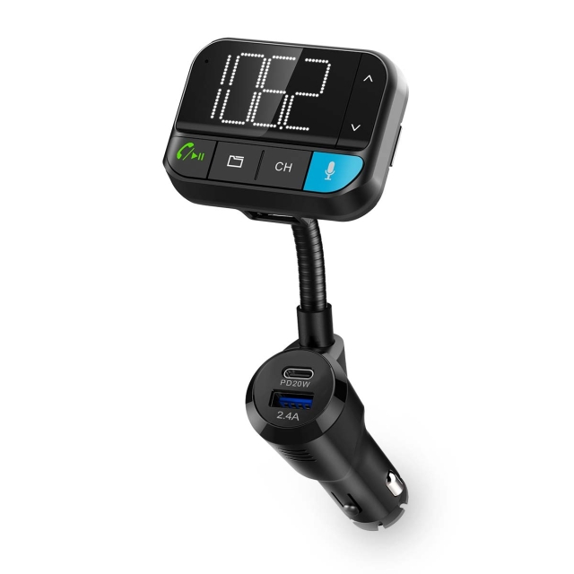Nedis Bil FM-sändare | Svanhals | Högtalartelefon | 2 " | Svart Vit Skärm | Bluetooth® | PD 20 W / QC 3.0 | Snabbladdning | Bas boost | Google Assistant / Siri | Svart