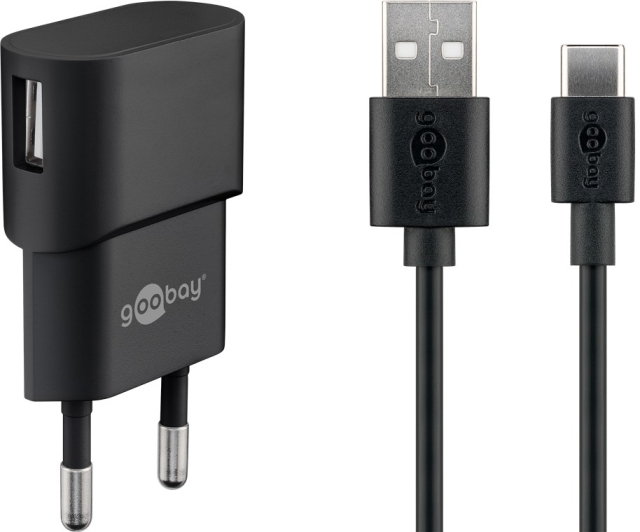 Goobay USB-C™ Dual laddningssats (5 W) Strömförsörjning med USB-C™-kabel 1 m (svart)