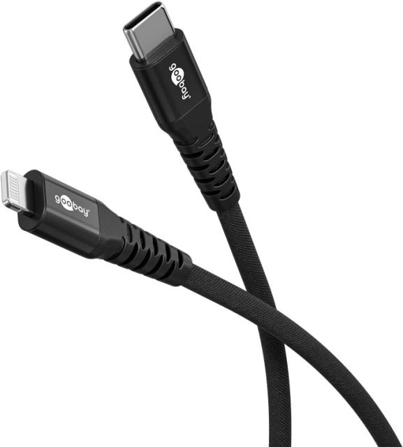 Goobay Lightning-USB-C™ supersoft textilkabel med metallkontakter, 1 m, svart MFi-certifierad, elegant och extra robust laddnings- och synkroniseringskabel för Apple iPhone/iPad (svart)