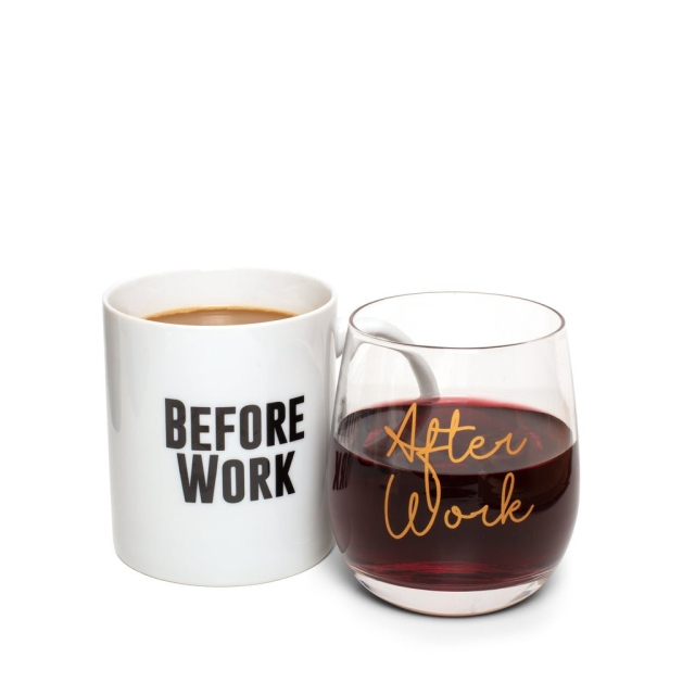 ThumbsUp Before Work, After Work Mug & Wine Mug & Glass Set