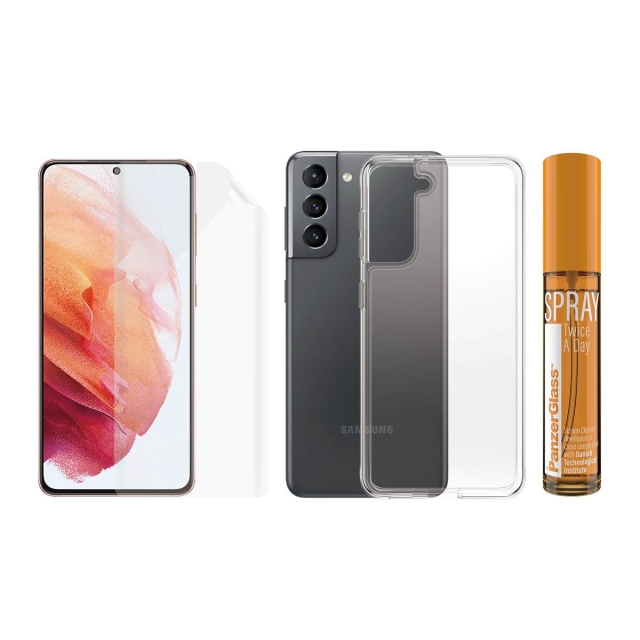 PanzerGlass Galaxy S21 Hygiene Pack (TPU, ClearCase, 30 ml Spray)
