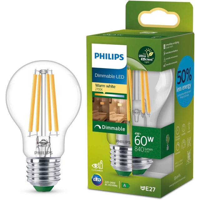 Philips LED E27 Normal A60 4W (60W) Klar 840lm Dimbar 2700K Energiklass A