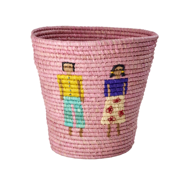 RICE Raffia rund korg med människor och 3D-detaljer - Rosa