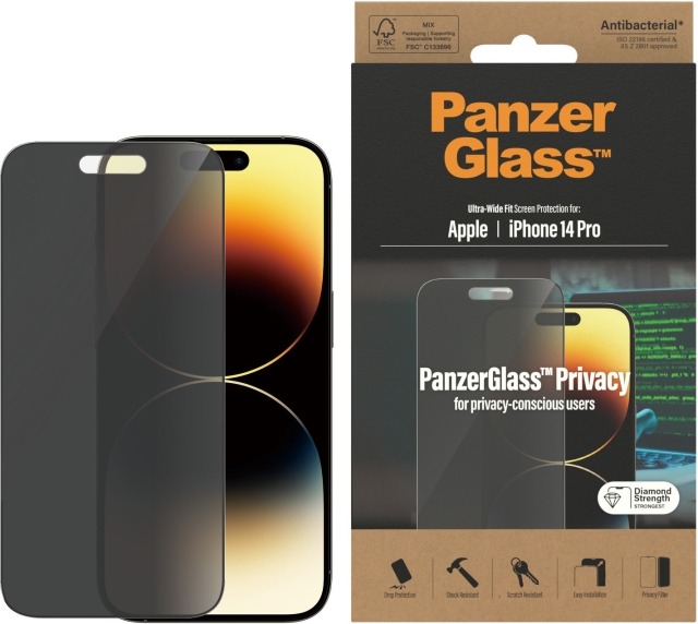 PanzerGlass Ultra Wide Fit Privacy skärmskydd, iPhone 14 Pro, svart ram