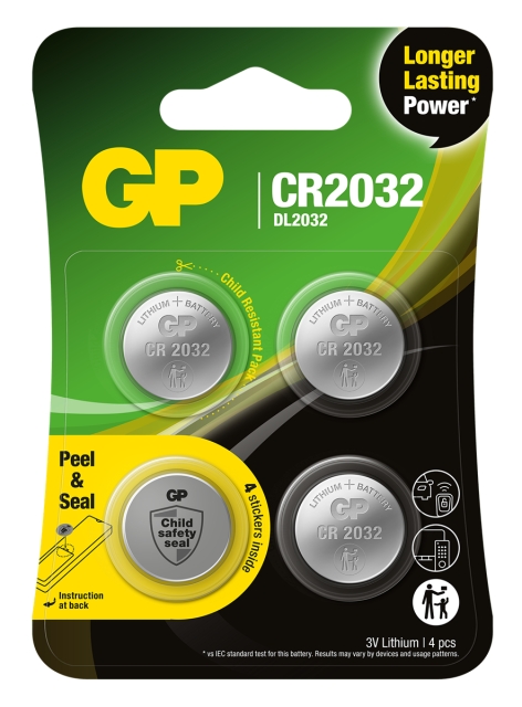 GP Litiumcellbatteri CR2032, 3V, säkerhetsförsegling, 4-pack