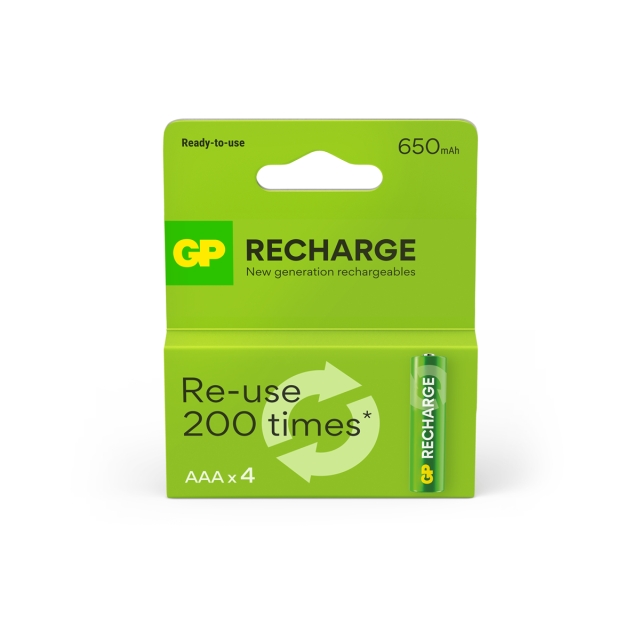 GP Recharge Uppladdningsbart batteri, storlek AAA, 650 mAh, 4-pack