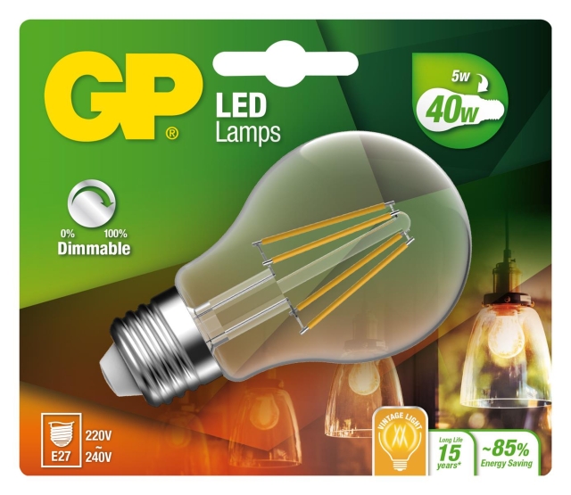 GP LED-lampa Classic Filament, E27, DIM, 5W (40W), 470lm