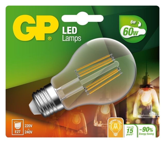 GP LED-lampa Classic Filament, E27, 6W (60W), 806lm