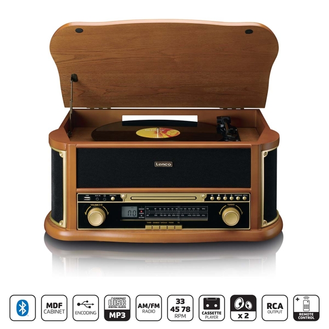 Lenco Retro skivspelare i trä med Bluetooth® AM/FM-radio USB-kodning CD-spelare kassettspelare och inbyggda högtalare