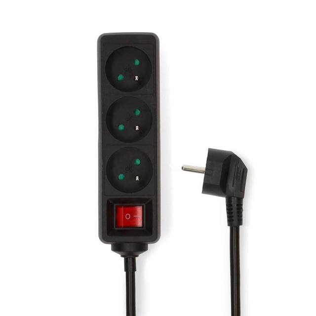 Nedis Gren kontakt | France / Typ E (CEE 7/6) | 3-vägs | 5.00 m | 3680 W | 16 A | Typ av jordning: Jordadkontakt | 230 V AC 50/60 Hz | Uttagsvinkel: 45 ° | H05VV-F 3G1.5mm² | På / av-knapp | Svart