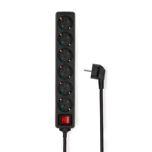 Nedis Gren kontakt | Jordad kontakt / Typ F (CEE 7/7) | 6-vägs | 1.50 m | 3680 W | 16 A | Typ av jordning: Sidkontakt | 230 V AC 50/60 Hz | Uttagsvinkel: 45 ° | H05VV-F 3G1.5mm² | På / av-knapp | Svart