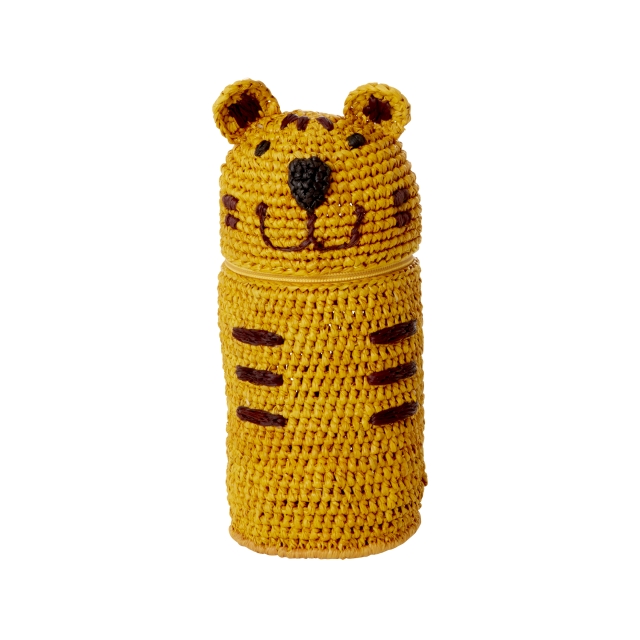 RICE Virkat pennfodral / Handväska i Raffia - Tigerform - Gul - 20cm x 10cm x 5cm