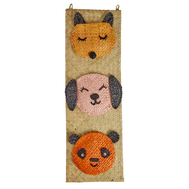 RICE Raffia vägghängare med fickor med djuransikten - 60 cm x 20 cm
