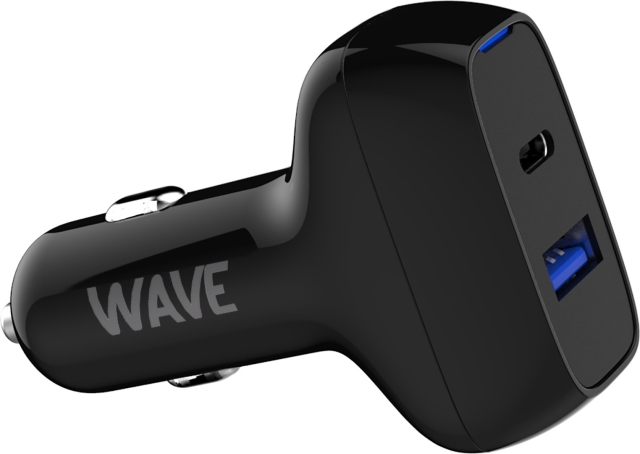 Wave Billaddare, 1 x USB Typ-C + 1 x USB-A 18W+18W, Svart
