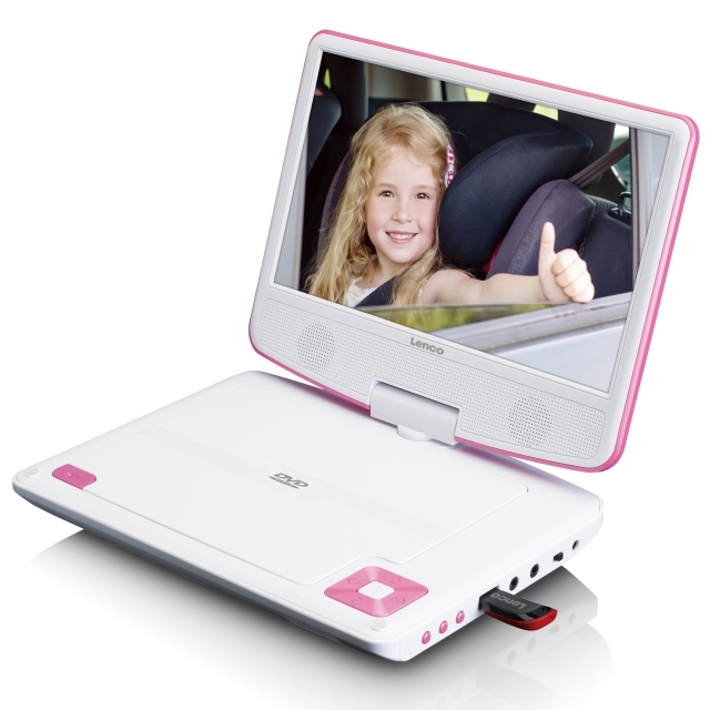 Lenco Bärbar 9" DVD-spelare med USB-hörlurar och monteringsfäste Pink