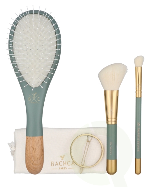 Bachca Paris Les Essentiels Eucalyptus Hair & Face Set 5 piece 1x Wooden Hair Brush/1x Blush Brush/1x Contour shader Brush/1x Round Hair Clip/1x Cotton Pouch