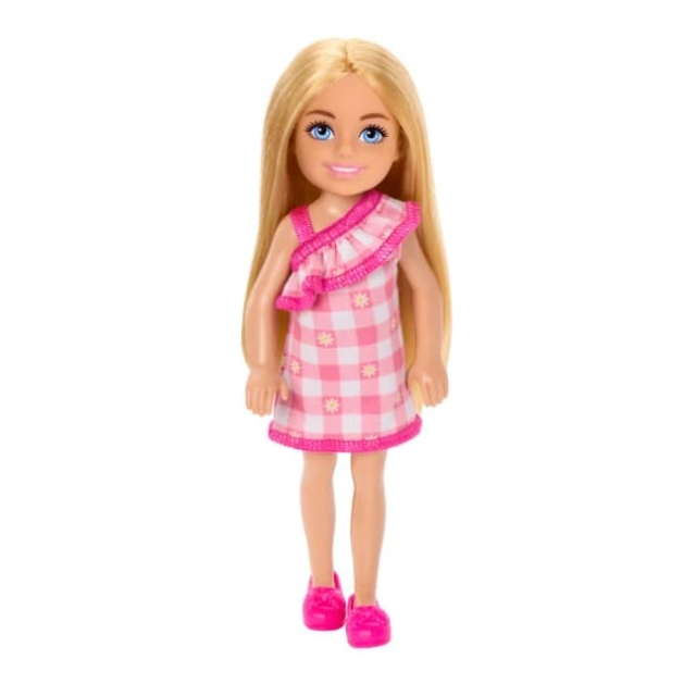 Barbie Chelseadocka, liten docka - rutig klänning med blont hår och blå ögon (HXM95)