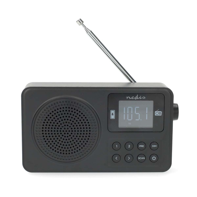 Nedis FM-radio | Portabel design | FM | Accu Powered / USB ström | Digital | 2 W | Skärmstorlek: 1.77 " | Svart Vit Skärm | Bluetooth® | Hörlursuttag | Väckarklocka | Svart