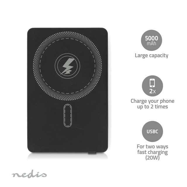Nedis Powerbank | 5000 mAh | Trådlös laddning | 1.67 / 2.22 / 3.0 A | Antal utgångar: 1 | Utgångsanslutning: 1x USB-C™ | Ingångsanslutning: 1x USB-C™ | PD3.0 20W | Litium-polymer