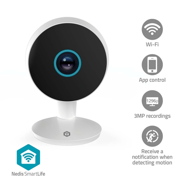 Nedis SmartLife Inomhus Kamera | 3MP Full HD 1296p | microSD (ingår inte) / Molnlagring (tillval) / Onvif | Med rörelsesensor | Nattsikt | Vit