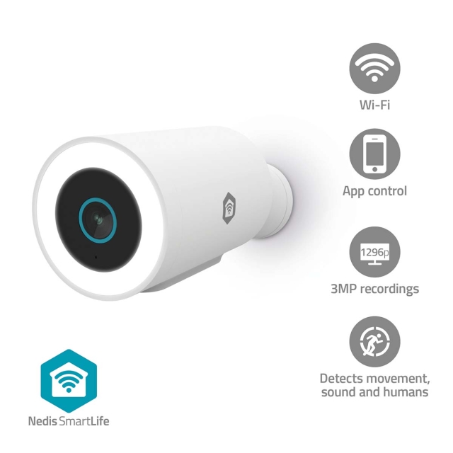 Nedis SmartLife Utomhus Kamera | Spotlight | 3MP Full HD 1296p | IP65 | microSD (ingår inte) / Molnlagring (tillval) / Onvif | 5 V DC | Med rörelsesensor | Nattsikt | Vit