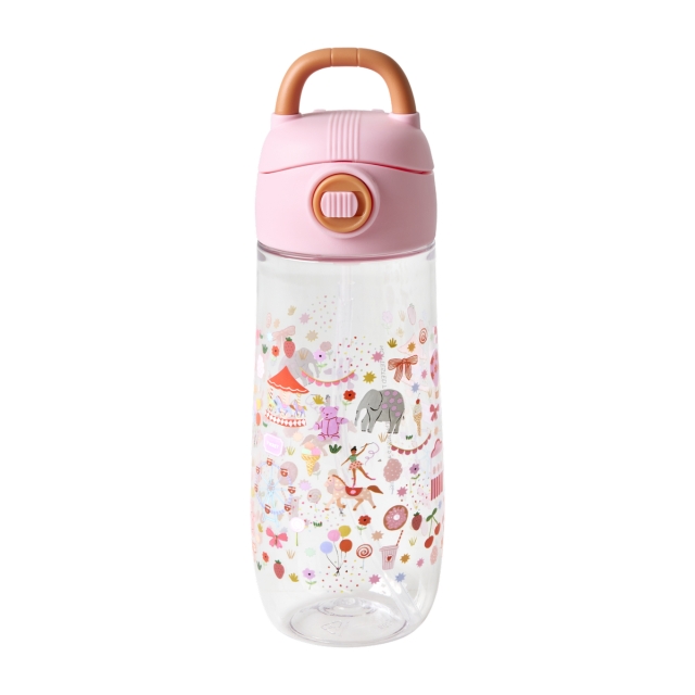 RICE Dricksflaska i plast för barn med tivolitryck - Rosa - 550 ml