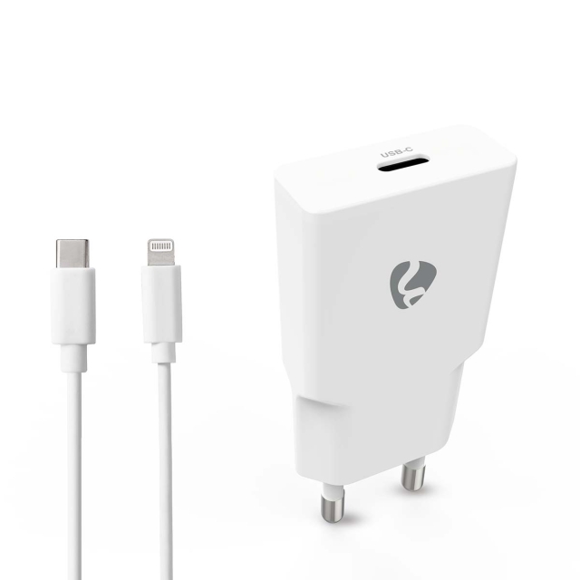 Nedis Väggladdare | 20 W | GaN | PD3.0 | Snabbladdnings funktion | 1.67 A / 2.22 A / 3.0 A | Antal utgångar: 1 | USB-C™ | Lightning 8-Pin (Lös) Kabel | 1.00 m | Automatiskt val av Spänning | Vit