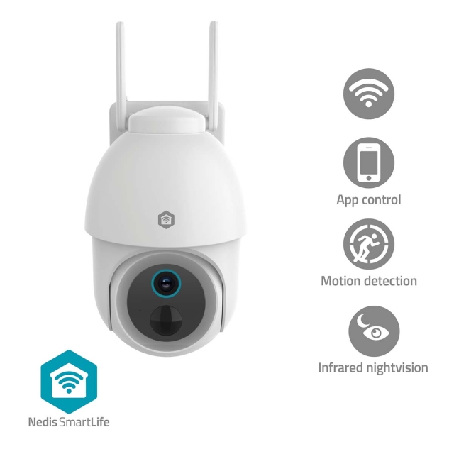 Nedis SmartLife Utomhus Kamera | Spotlight | 3MP Full HD 1296p | Panorera lutning | IP65 | Max. batteritid: 3 Månader | microSD (ingår inte) / Molnlagring (tillval) | 5 V DC | Med rörelsesensor | Nattsikt | Vit